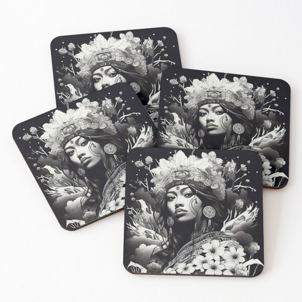 Artikelvorschau, Ukiyo-e Fairy Tale Female Empowerment Black and White Female Portrait entworfen und verkauft von BrandonArtWorld.