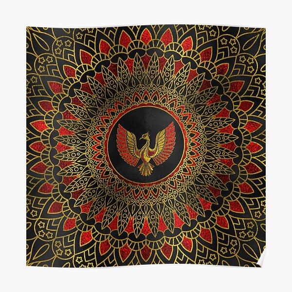 Gold and red Decorated Phoenix bird symbol Poster