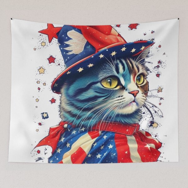Item preview, Shimmering America - Nationalistic Feline wearing Starry Cap designed and sold by LEVI SALVIAN JANITRA.
