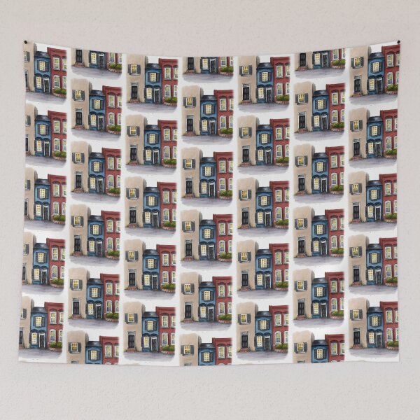 Item preview, Colourful row houses watercolour painting designed and sold by Funsize-Art.