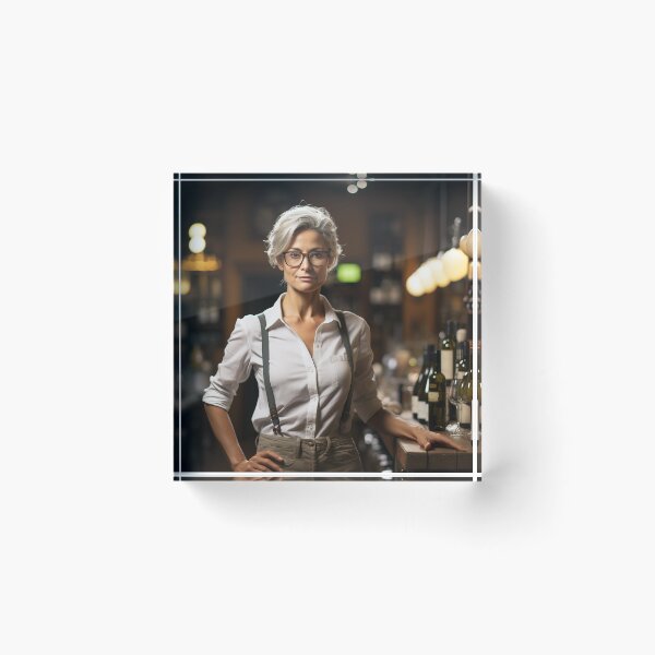 Item preview, Senior Lady Sommelier Decanting Wine for Upscale Restaurant designed and sold by TheBrainArt.