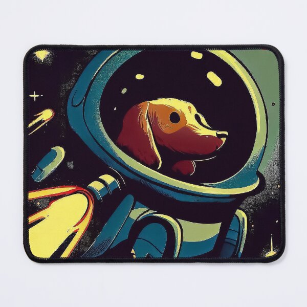 Item preview, Dachshund sausage dog travel in spaceship by space retro cartoon designed and sold by TomFrontierArt.