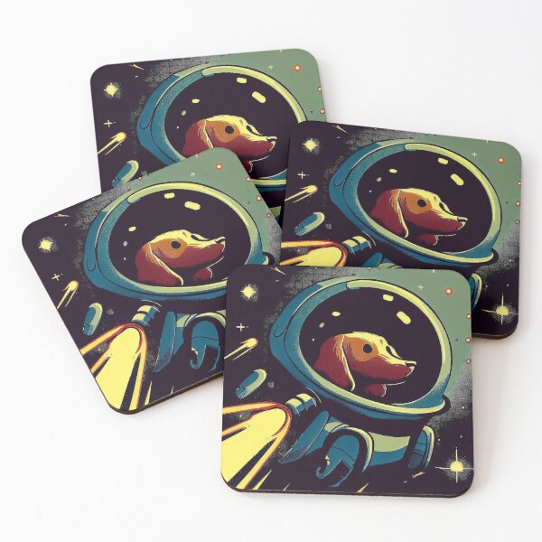 Item preview, Dachshund sausage dog travel in spaceship by space retro cartoon designed and sold by TomFrontierArt.