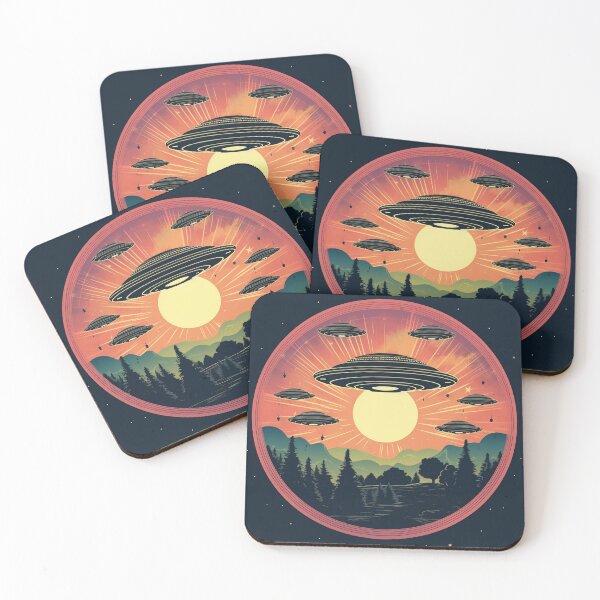 Item preview, Flying Saucers UFO appearing at sunset in Retro Vintage Style designed and sold by redstar19.