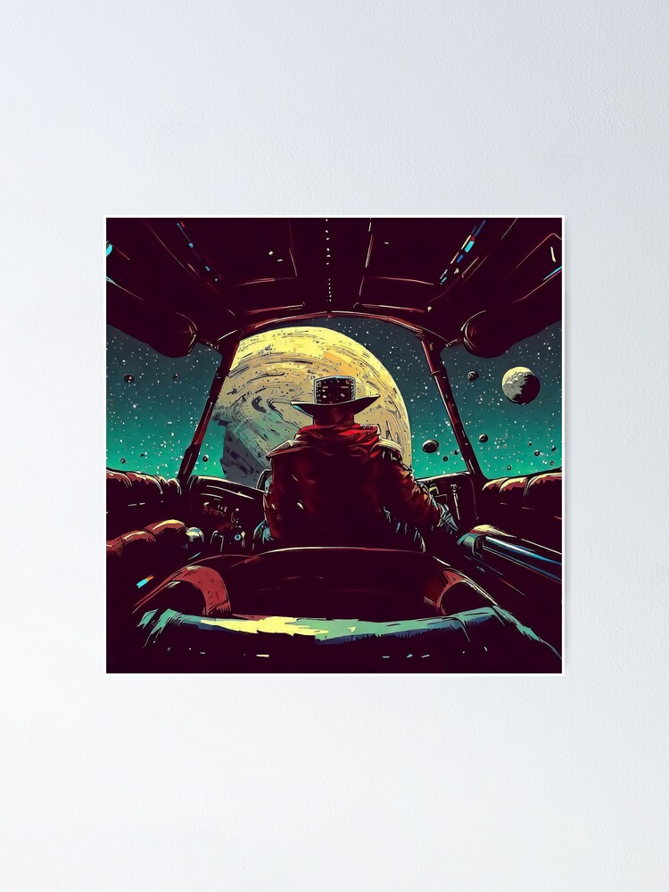 90s Space travel cowboy pilot in spaceship retro vintage pattern