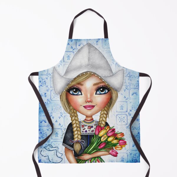 Item preview, Beautiful Dutch Girl in Traditional Dress Holding Tulips with Delft Blue Background designed and sold by nancyelias.