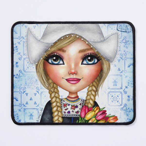 Item preview, Beautiful Dutch Girl in Traditional Dress Holding Tulips with Delft Blue Background designed and sold by nancyelias.