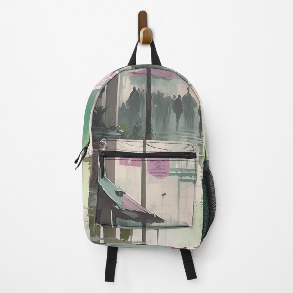 Item preview, bustling asian Street Market ink painting people shopping rain reflection tree green pink designed and sold by Meena-tta.