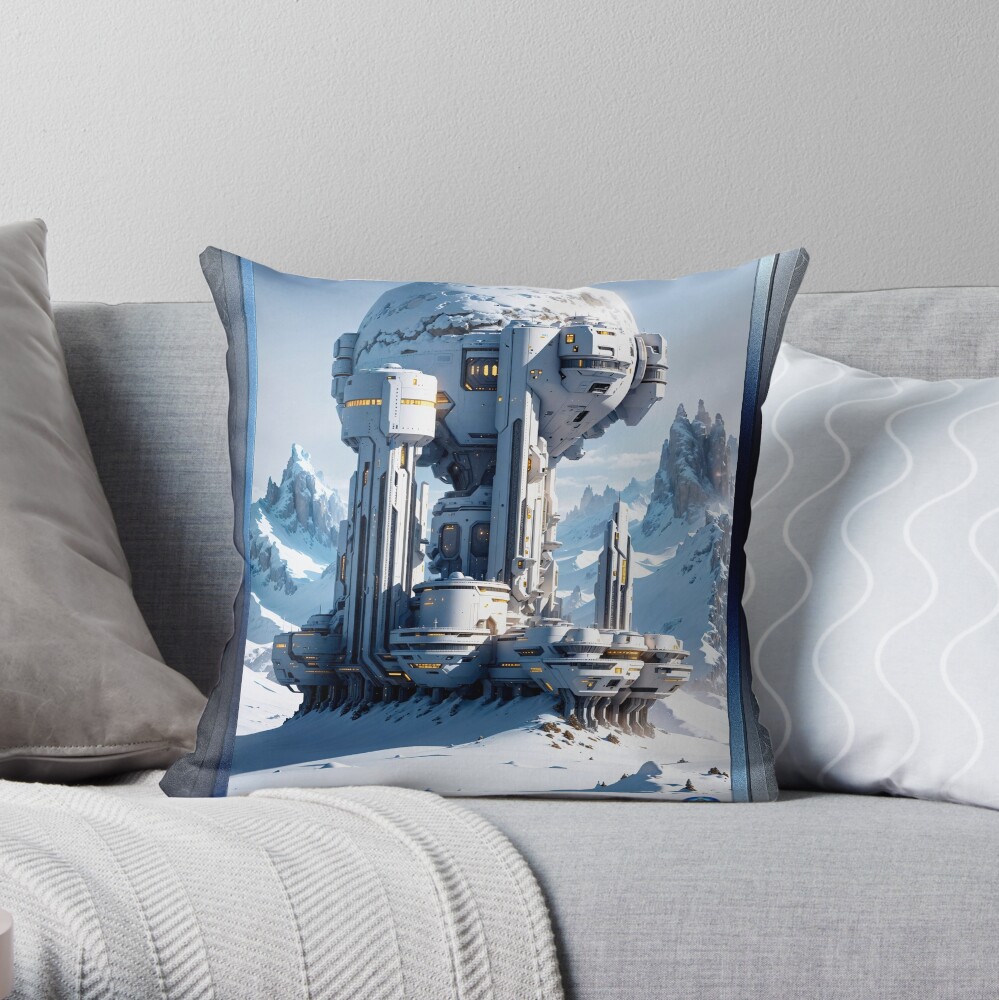 Deep Space Outpost On The Snow Planet Exzeter AI Concept Art by Xzendor7 - An Amazing Surveillance Facility 3 Deep Space Outpost On The Snow Planet Exzeter Science Fiction AI Concept Art by Xzendor7 Decorative Throw Pillow