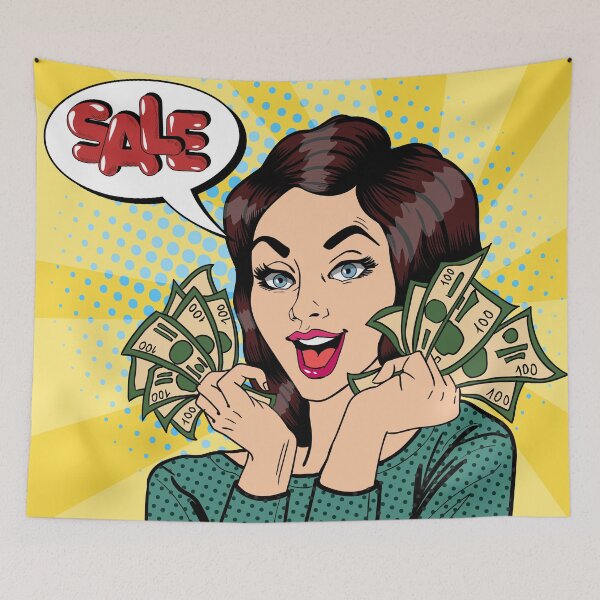 Item preview, Young Businesswoman Holding Cash. Woman Shouts Sale. Pop Art. designed and sold by ivector.