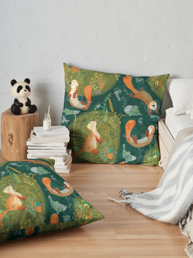 Alternate view of Pattern 74 - Playful otters by the river Floor Pillow