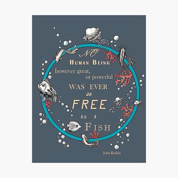 Item preview, Inspirational quote from a Victorian philosopher on freedom and fish. Blue, beige and grey-blue design. designed and sold by Lucy Dreams.