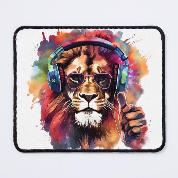 Aperçu de l'œuvre Lion avec des lunettes de soleil et des écouteurs pouces vers le haut créée et vendue par DaliusD.