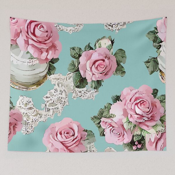 Item preview, French roses and lace on duck egg designed and sold by SophieClimaArt.