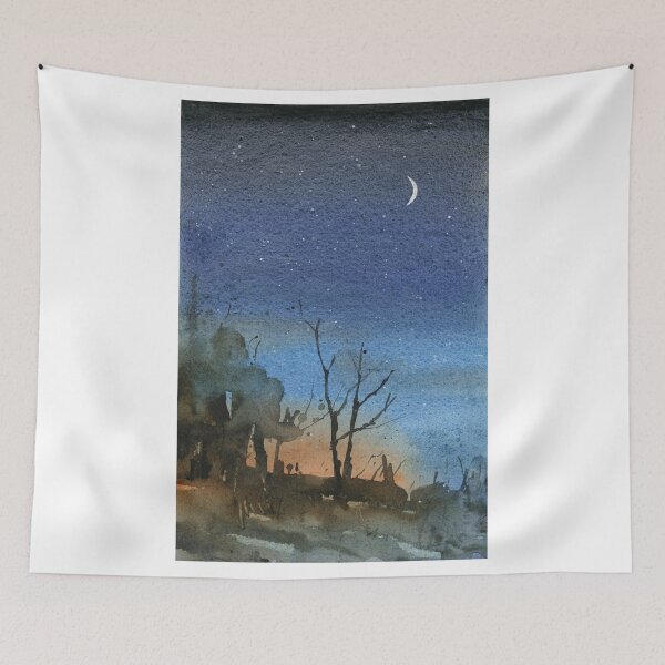 Item preview, Colorful landscape painting starry night trendy wall art sunet print interior design watercolor artwork designed and sold by rfoxphoto.
