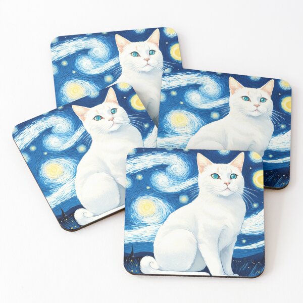 Artikelvorschau, Die Sternennacht, von Vincent Van Gogh inspirierte weiße Katze entworfen und verkauft von Vangoholic.