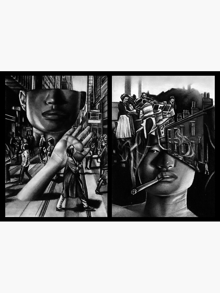 Thumbnail 3 of 3, Sticker, Hong Kong and Manchester (charcoal self-portrait diptych) designed and sold by SicadaArt.