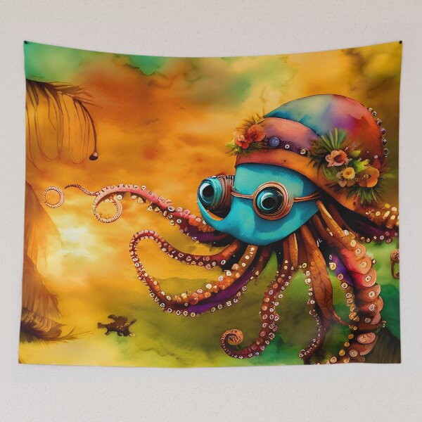 Item preview, Octopus Art Metal Look Brass and Copper Tones Steampunk Inspired Octopus AI Art 6 of 8 designed and sold by Beachy.