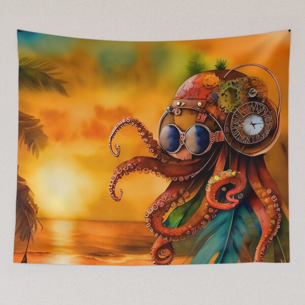 Item preview, Octopus Art Metal Look Brass and Copper Tones Steampunk Inspired Octopus AI Art 7 of 8 designed and sold by Beachy.
