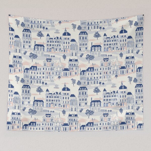 Item preview, Townhouses repeat pattern in blue and pink designed and sold by LucyFaulke.