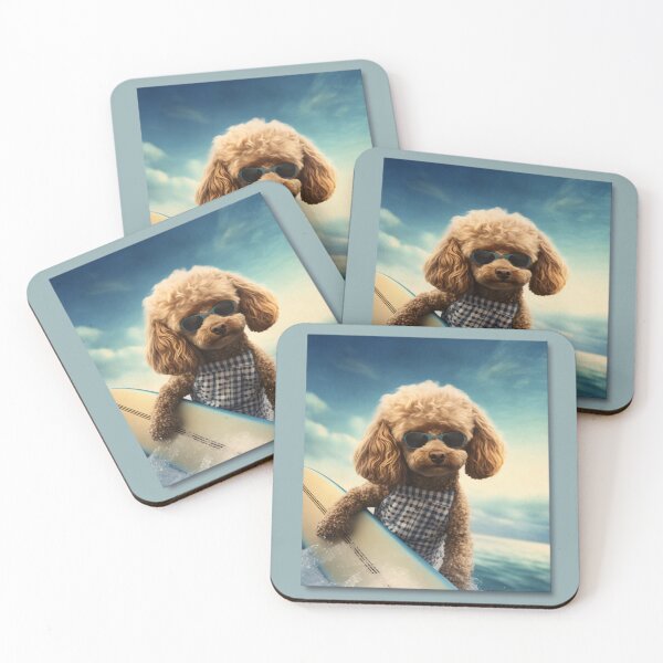 Item preview, Poodle at the beach wearing sunglasses holding a surfboard Midjourney AI Artwork designed and sold by davidjulie.