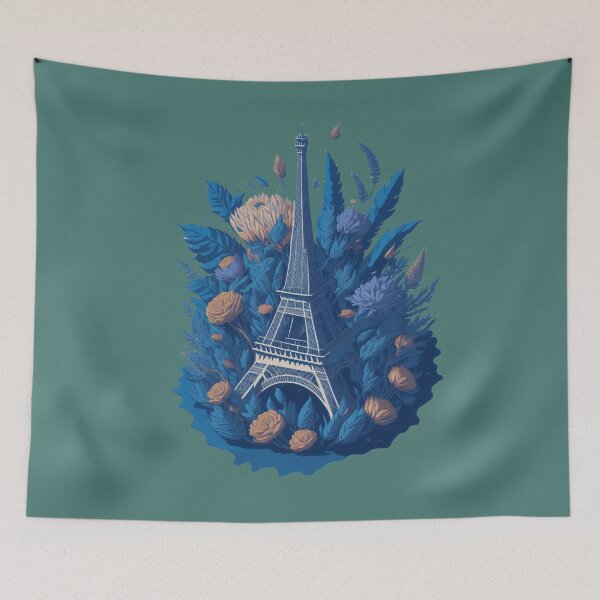 Item preview, eiffel tower, blue and orange flowers print designed and sold by Ersha-Design.