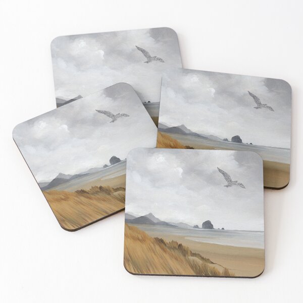 Item preview, Coastal Neutral Beige Beach and Grey Cloudy Sky with Silver Bird , Original Acrylic Painting Art designed and sold by ClaireWArtwork.