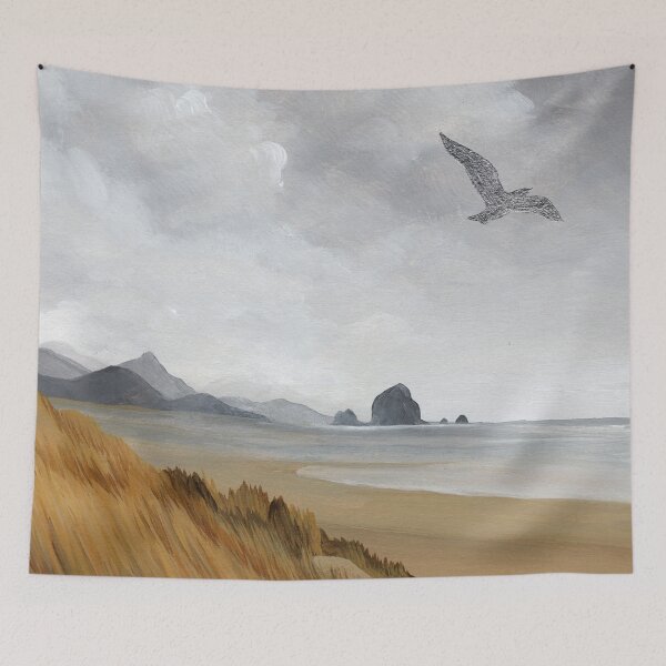 Item preview, Coastal Neutral Beige Beach and Grey Cloudy Sky with Silver Bird , Original Acrylic Painting Art designed and sold by ClaireWArtwork.
