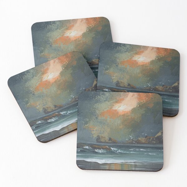 Item preview, Coastal Rocky Sea and Wet Beach Landscape with a Textured Dark Blue and Orange Sky, Original Acrylic Painting Art designed and sold by ClaireWArtwork.