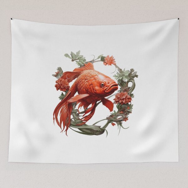 Item preview, An exquisite illustration featuring a vibrant red Japanese koi fish gracefully swimming among delicate floral ornaments designed and sold by BogatyrovaOlena.