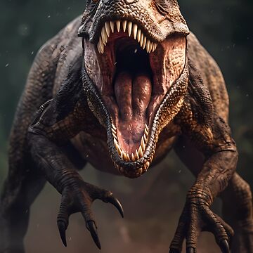 Roaring T rex in prehistoric landscape, showcasing its menacing