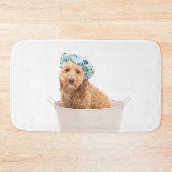 Item preview, Cockapoo dog wearing a shower cap in a small metal bath tub. designed and sold by bailey-cooper.