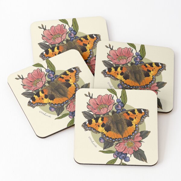 Item preview, Aglais urticae, small tortoiseshell butterfly with blueberries and roses designed and sold by Wieskunde.