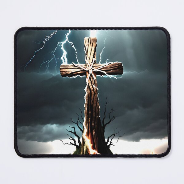 Item preview, a-cross-of-wood-standing-tall-with-lightning-of-half-the-side-and-heaven-on-the-other-side-260243272 designed and sold by tileartwork.