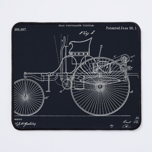 Item preview, Benz 1888 self propelling vehicle, original patent drawing marbled black background designed and sold by QualitySolution.