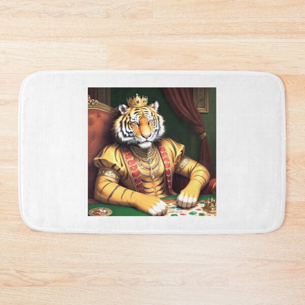 Item preview, rich-tiger-with-crown-and-jewelry-sitting-at-his-thorne-with-lots-of-riches-oil-painting-colorful- designed and sold by tileartwork.