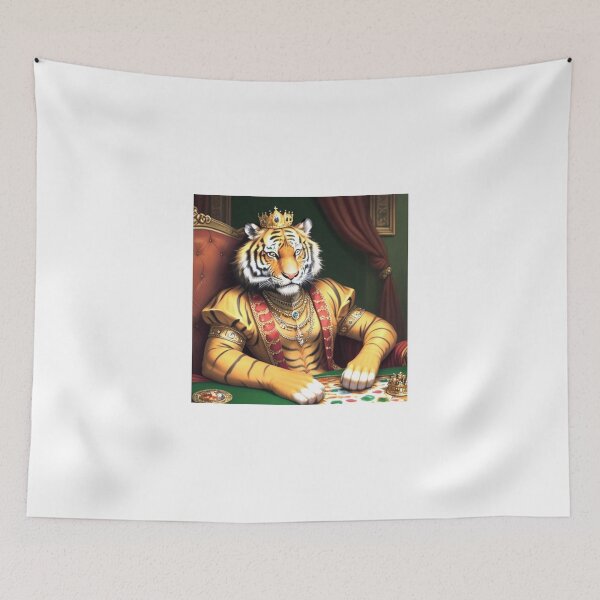 Item preview, rich-tiger-with-crown-and-jewelry-sitting-at-his-thorne-with-lots-of-riches-oil-painting-colorful- designed and sold by tileartwork.