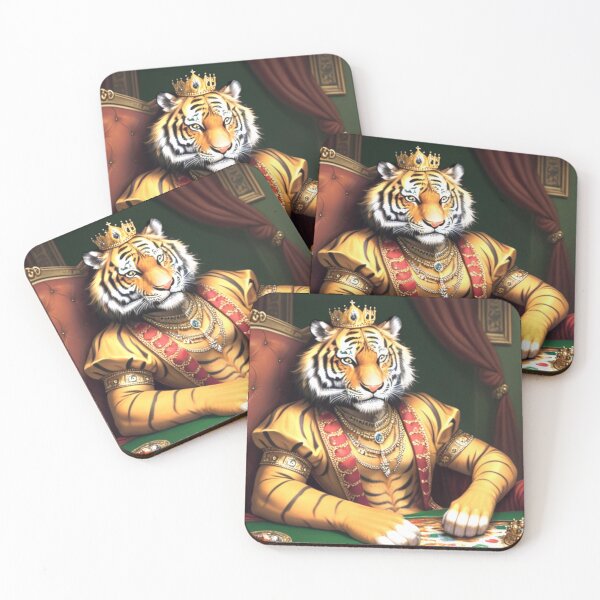 Item preview, rich-tiger-with-crown-and-jewelry-sitting-at-his-thorne-with-lots-of-riches-oil-painting-colorful- designed and sold by tileartwork.