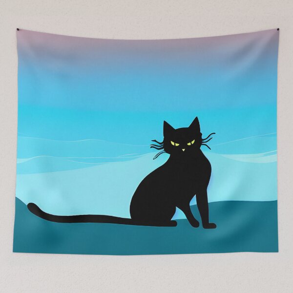 Item preview, Black Cat on a Blue Beach AI Art designed and sold by Beachy.