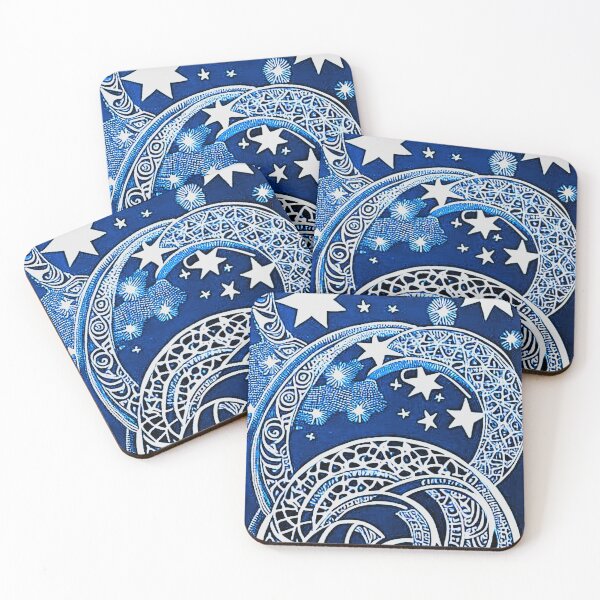 Item preview, Blue and white starry night scene linograph folk art designed and sold by Earth Nature Creations.