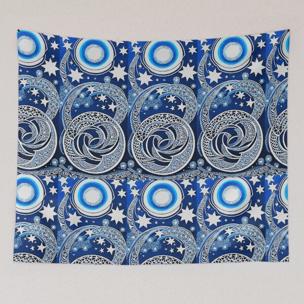Item preview, Blue and white starry night scene linograph folk art designed and sold by Earth Nature Creations.