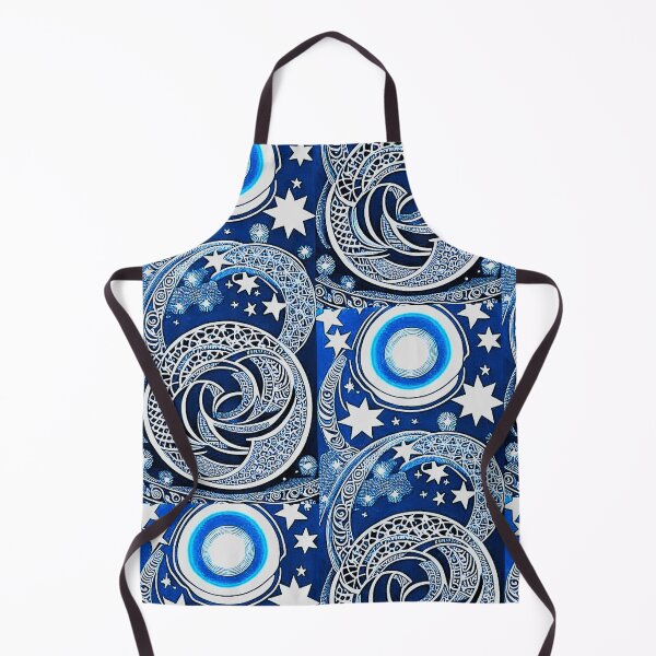 Item preview, Blue and white starry night scene linograph folk art designed and sold by Earth Nature Creations.