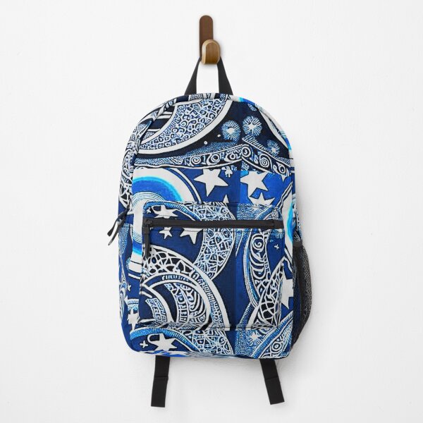 Item preview, Blue and white starry night scene linograph folk art designed and sold by Earth Nature Creations.