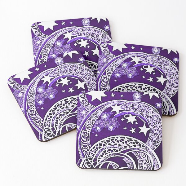 Item preview, Purple and white starry night scene linograph folk art designed and sold by Earth Nature Creations.