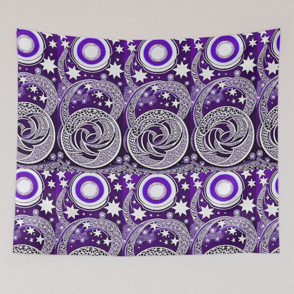 Item preview, Purple and white starry night scene linograph folk art designed and sold by Earth Nature Creations.