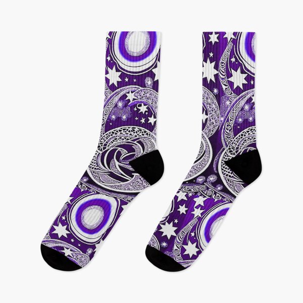 Item preview, Purple and white starry night scene linograph folk art designed and sold by Earth Nature Creations.