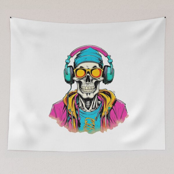 Item preview, portrait of a hipster skeleton wearing headphones designed and sold by DeluxBee.