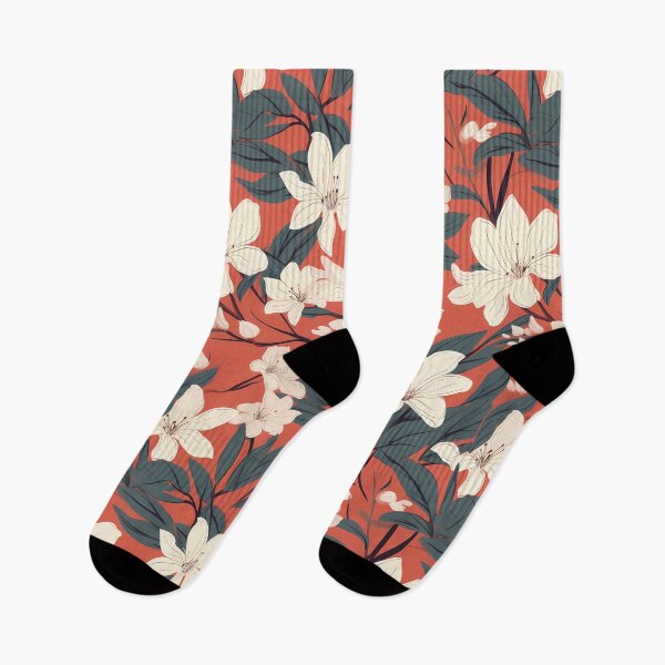 Item preview, Flower Pattern 21, painted blossoms on a red afternoon, at sunset, buds still on branches, white, gray green, flora and nature. designed and sold by FoxRobinRabbit.