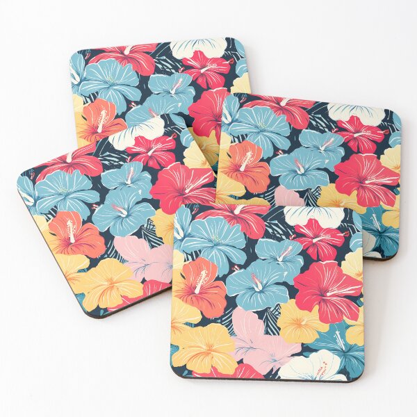 Item preview, Flower Pattern 22, colorful painted hibiscus blossoms on a dark background, brightly lit at night, blue, red, yellow, white, pink, black, flora and nature. designed and sold by FoxRobinRabbit.