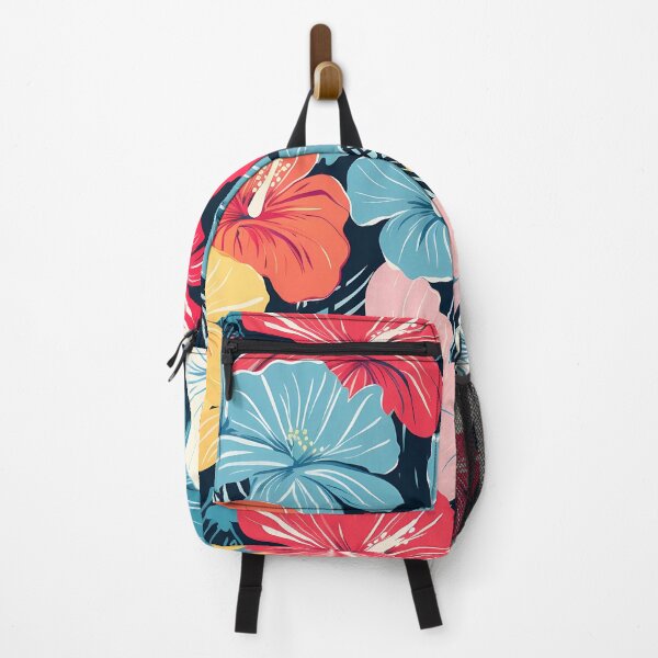 Item preview, Flower Pattern 22, colorful painted hibiscus blossoms on a dark background, brightly lit at night, blue, red, yellow, white, pink, black, flora and nature. designed and sold by FoxRobinRabbit.